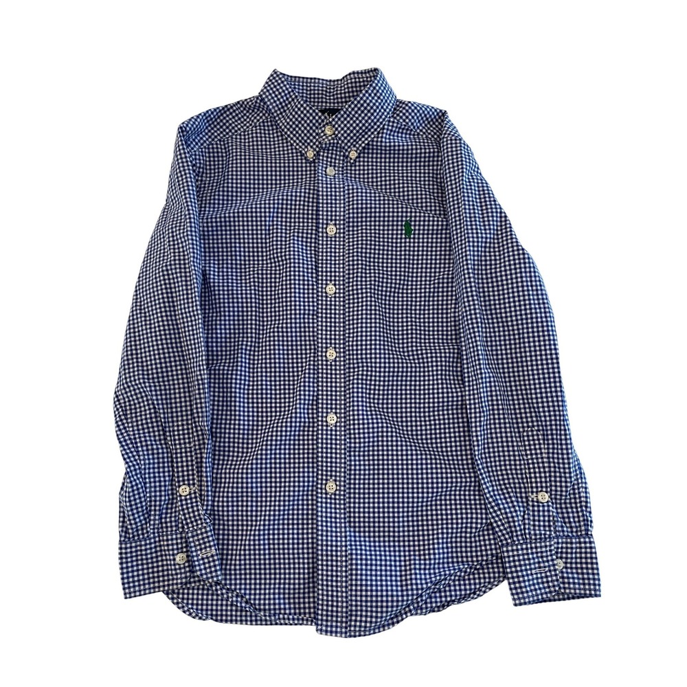 Ralph Lauren Boys Blue Gingham Cotton Button Down Shirt Size M 10-12 Long Sleeve